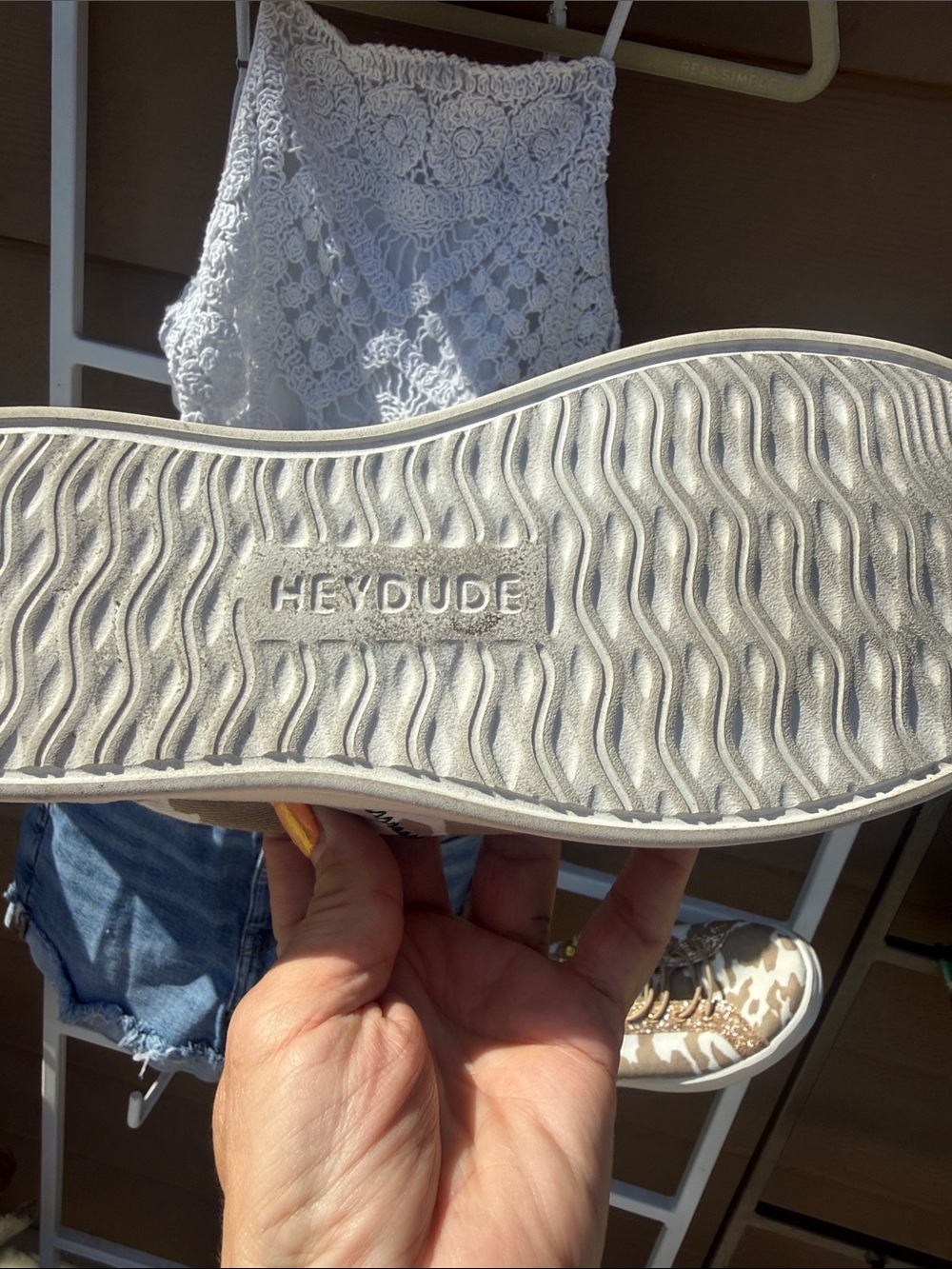 Hey Dude NEW Festival Women's Tan Beige Camo Sneakers with Gold Glitter Trim 10 - Picture 9 of 13